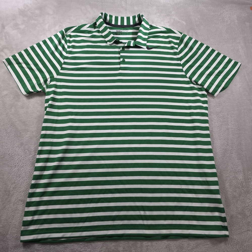 Nike Men’s XL Golf Polo Shirt Green White Striped Dri-FIT Performance Logo Left